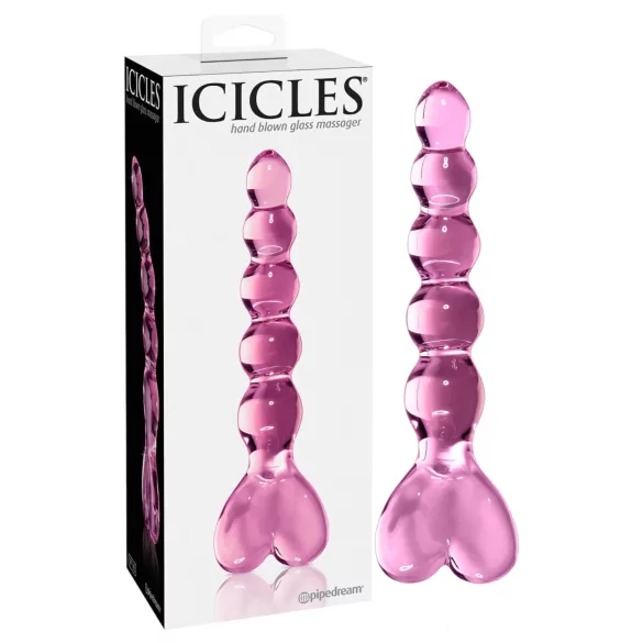 Icicles No. 43 - glaspdildo med pärlor och hjärta - rosa