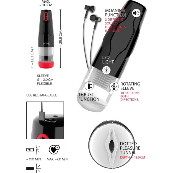 WYNE 05 - automatisk roterande masturbator - uppladdningsbar - svart/vit