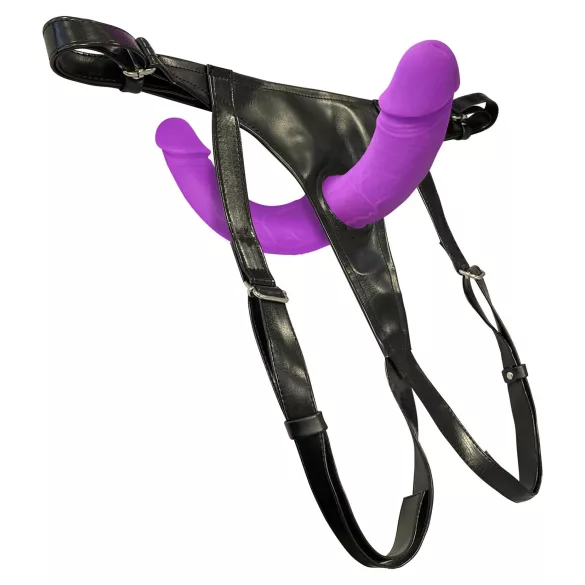 SMILE - strap-on dubbel dildo med byxa - silikon lila/svart