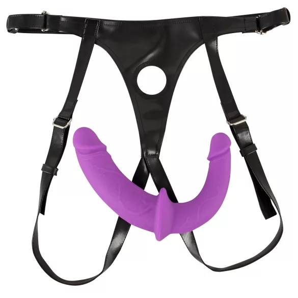 SMILE - strap-on dubbel dildo med byxa - silikon lila/svart
