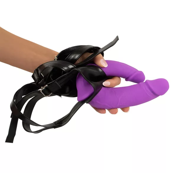 SMILE - strap-on dubbel dildo med byxa - silikon lila/svart