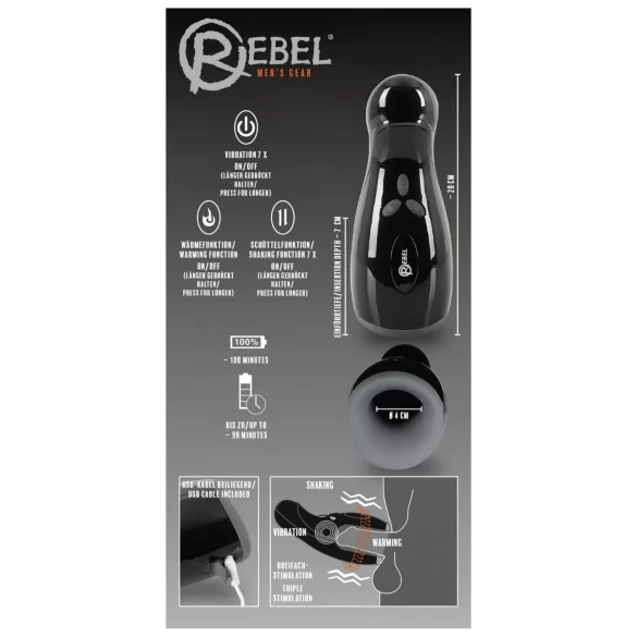 Rebel - masturbator med värme och vibration - upp och ner rörelse - svart