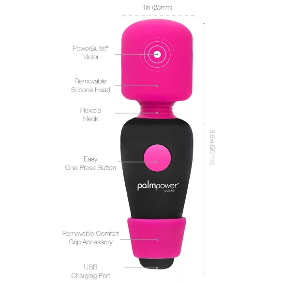 PalmPower - minivibrator wand - kraftfull massage - silikon rosa/svart