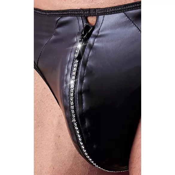 Svenjoyment - herrtanga med blixtlås och strass - svart - glänsande - XL