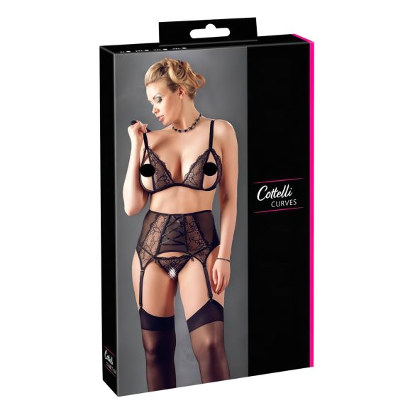 Cottelli Plus Size - Spetstrosor i tre delar (svart) - XXL