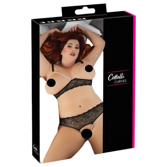 Cottelli Plus Size - pärldekorerad BH-set (svart) - 2XL