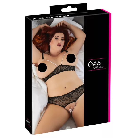 Cottelli Plus Size - bh set med pärlor - svart - 4XL