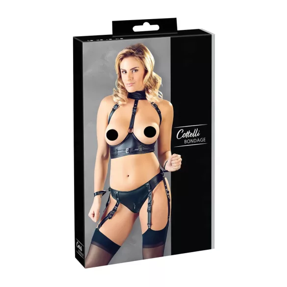 Cottelli Bondage - bh-set med handbojor - glänsande material - svart - L