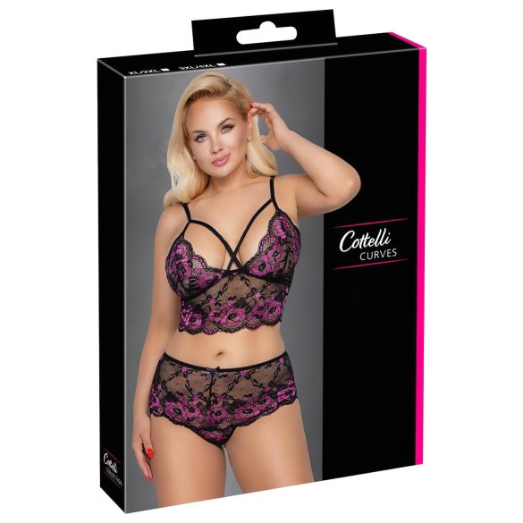 Cottelli Plus Size - blommigt bh-set (svart/lila)