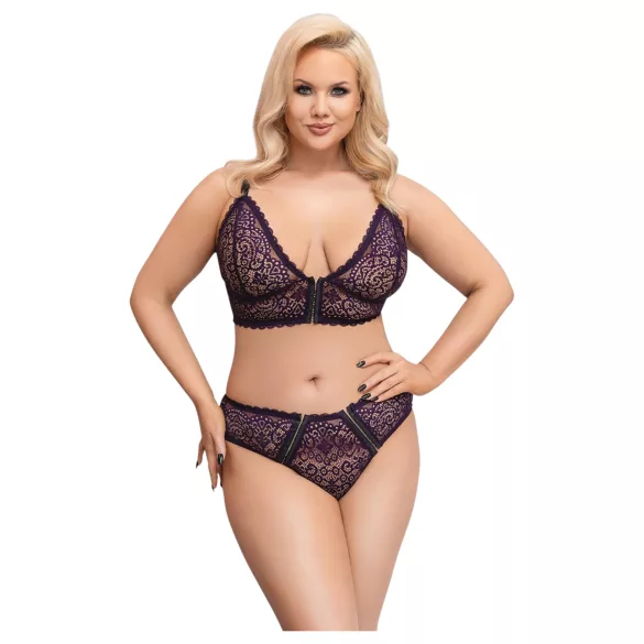 Cottelli Plus Size - transparent mönstrad BH-set (lila) - 2XL