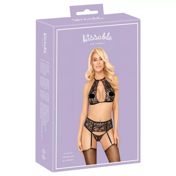 Kyssbar spets-bh set med halsband (svart) - L/XL