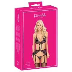 Kyssbart - svart bh-set med rosa-lila broderi - L/XL