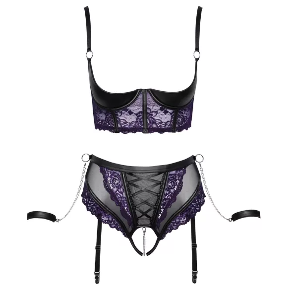 Cottelli Bondage - bh‑set med armbojor (svart‑lila) - L
