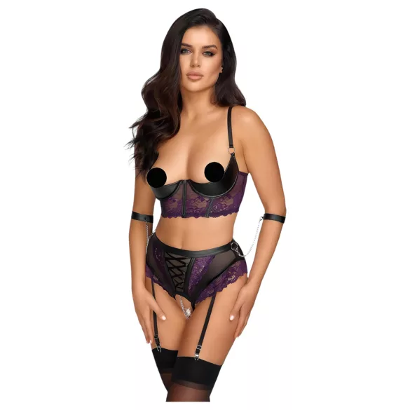 Cottelli Bondage - bh‑set med armbojor (svart‑lila) - XL