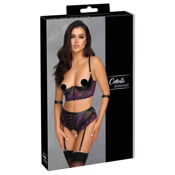 Cottelli Bondage - bh‑set med armbojor (svart‑lila) - XL