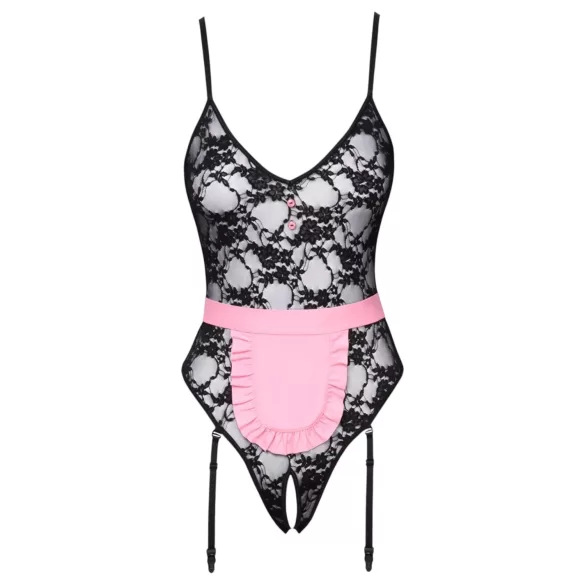 Cottelli - transparent fransk hembiträdesdräkt - svart/rosa - L