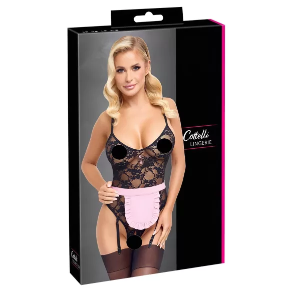 Cottelli - transparent fransk hembiträdesdräkt - svart/rosa - L