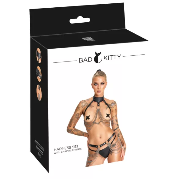 Bad Kitty - 3-delad svart harness‑set med bröst- och höftrem (S-L)