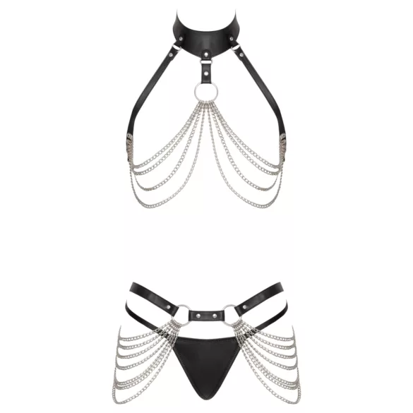 Bad Kitty - 3-delad svart harness‑set med bröst- och höftrem (S-L)