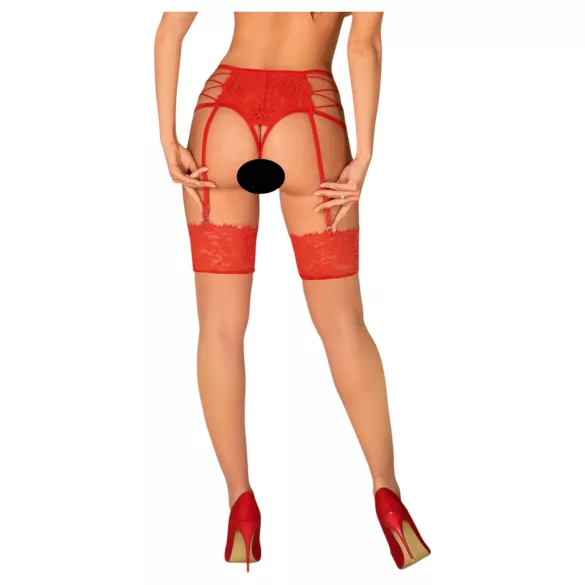 Obsessive - stay-up strumpor med spets - röd/natur - L/XL