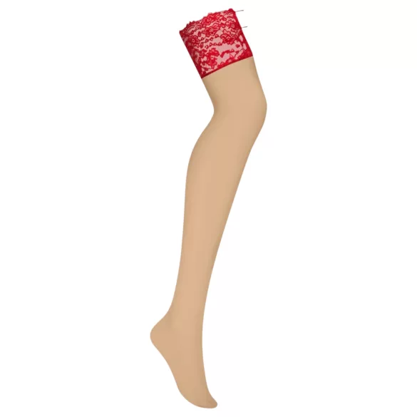 Obsessive - stay-up strumpor med spets - röd/natur - L/XL