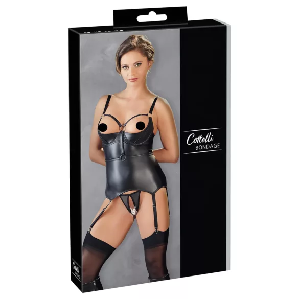 Cottelli Bondage - glansig push-up‑topp med handbojor (svart) - XL
