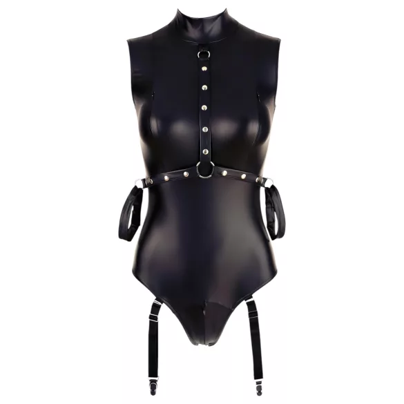 Cottelli Bondage - ärmlös glänsande body med handbojor - svart - L