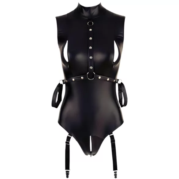 Cottelli Bondage - ärmlös glänsande body med handbojor - svart - XL