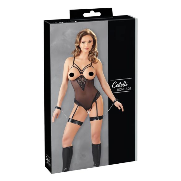 Cottelli Bondage - svart body med metallringar och handledsmanschetter