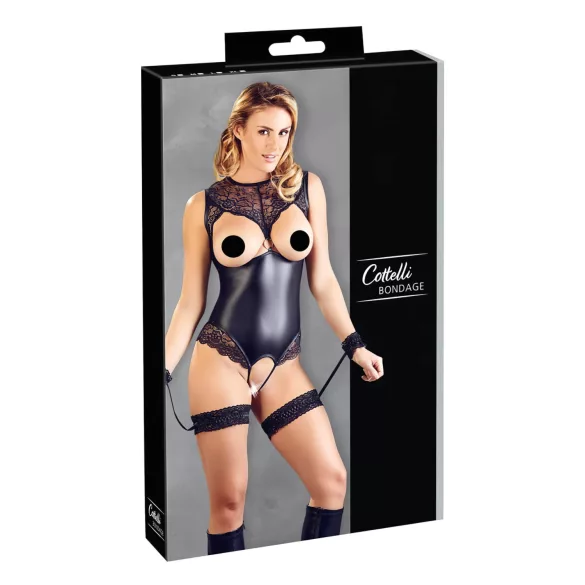 Cottelli Bondage - öppen body med handbojor - glänsande svart