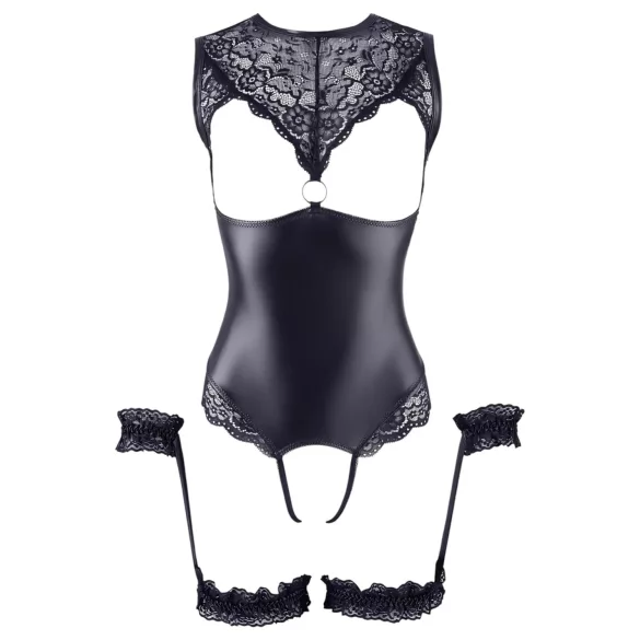 Cottelli Bondage - öppen body med handbojor - glänsande svart