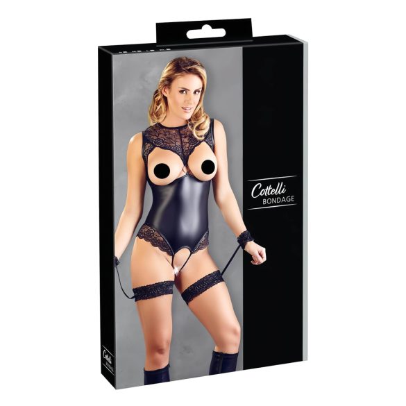 Cottelli Bondage - glansig öppen body med handbojor (svart) - XL