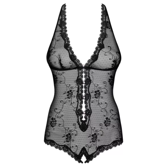 Obsessive - body med pärlor och öppen gren - spets - svart - L/XL