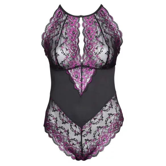 Cottelli Plus Size - spetsbody med blommor - svart/lila