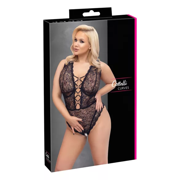 Cottelli Curves Plus Size - transparent mönstrad body - svart