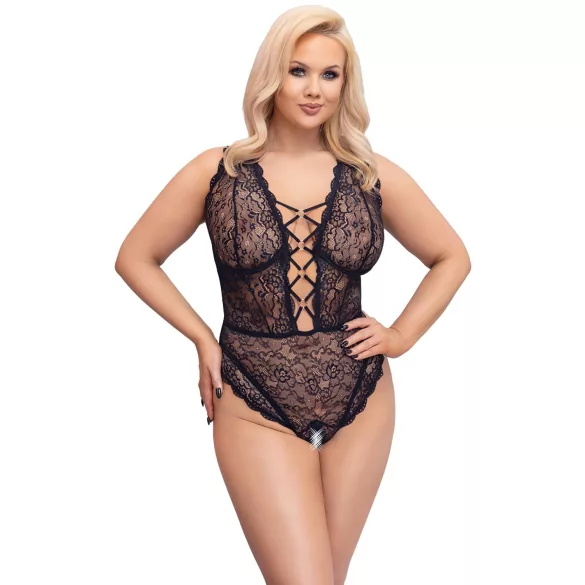 Cottelli Curves Plus Size - transparent mönstrad body - svart