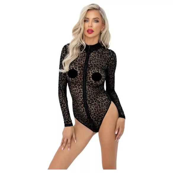 Noir - leopardmönstrad långärmad body (svart) - M
