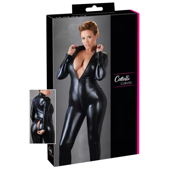 Cottelli Plus Size - catsuit med långa ärmar - glansig svart - 4XL