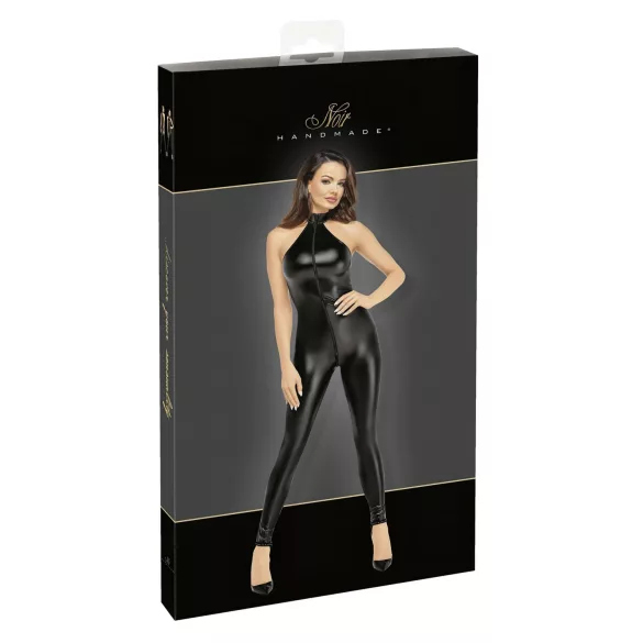 Noir - wetlook catsuit med dragkedja - svart
