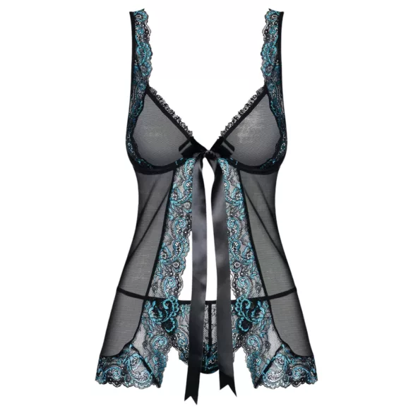 Obsessive - babydoll och stringtrosa - broderad - svart/turkos