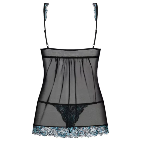 Obsessive - babydoll och stringtrosa - broderad - svart/turkos