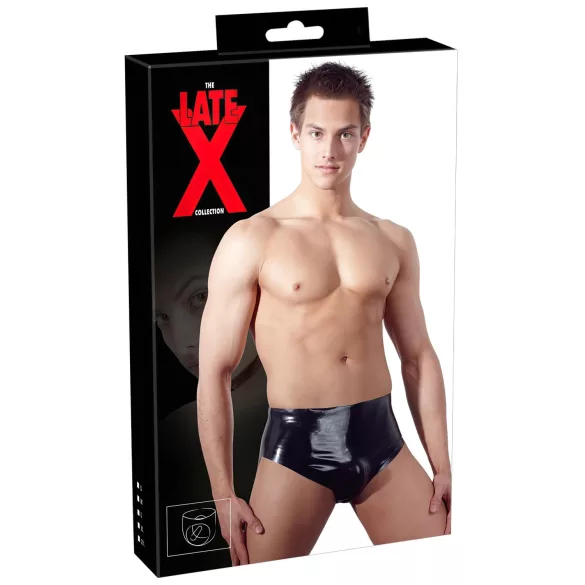 LATEX - herrtrosa med inbyggd konformad analdildo - svart latex - XL