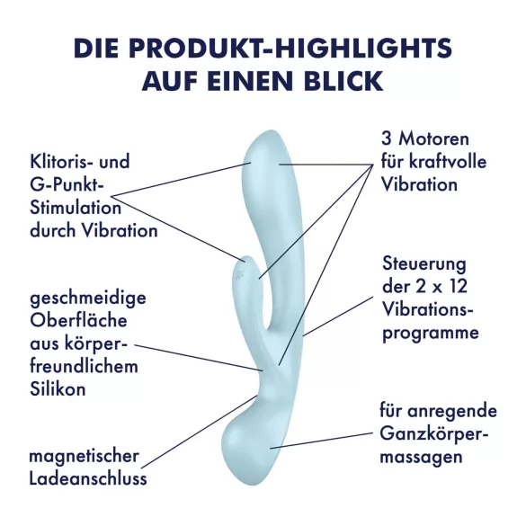 Satisfyer Triple Oh - rabbitvibrator med klitorisstimulans - uppladdningsbar blå