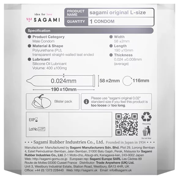 Sagami Original 0,02 L - kondom - ultratunn - 58mm - 1 st