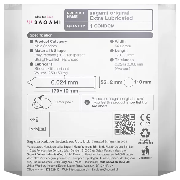 Sagami Original 0,02 - kondom - extra glidmedel - 55mm - 1 st