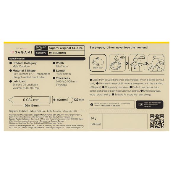 Sagami Original 0,02 XL - kondom - extra tunn - 61mm - 12 st