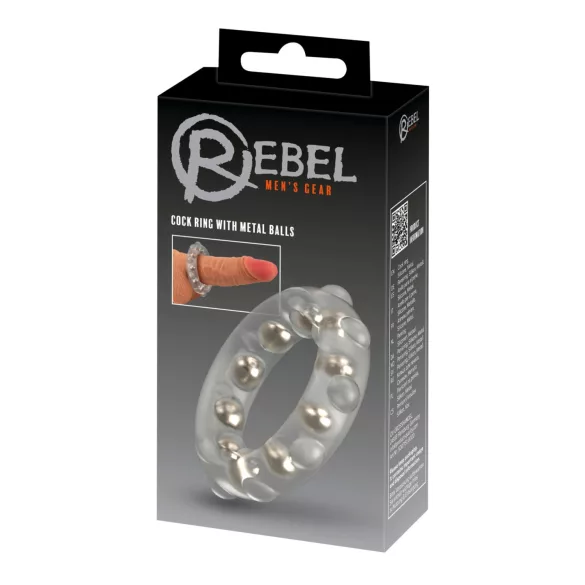 Rebel - transparent silikonpenisring med metallkulor och knottrig yta.