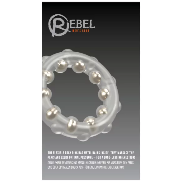 Rebel - transparent silikonpenisring med metallkulor och knottrig yta.