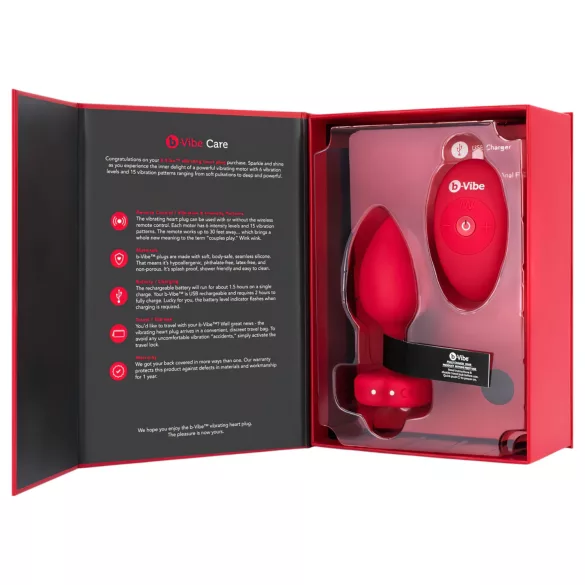 b-vibe heart - uppladdningsbar analvibrator med fjärr (röd)