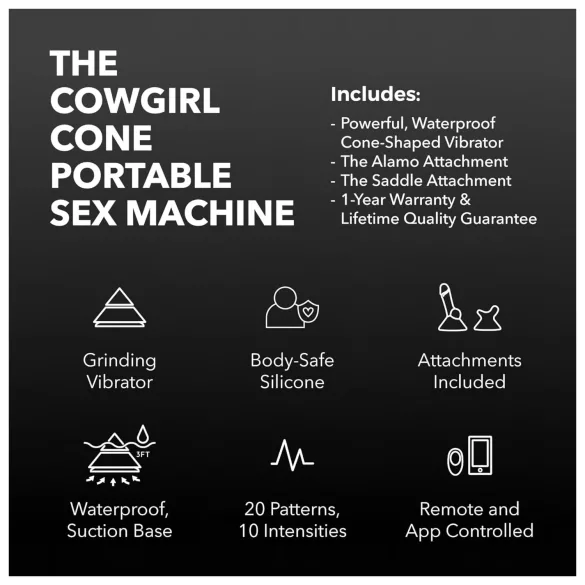 The Cowgirl Cone - appstyrd premium-sexmaskin - med 2 utbytbara tillbehör, 20 vibrationslägen (svart)